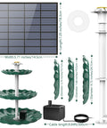 Solar Powered 3.5W Fountain Pump With 3 Tier Bird Bath DIY Water Feature For Garden Fish Tank And Outdoor Bird Feeder Detachable Design Easy To Install And Clean displayed with dimensions and components.