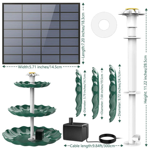 Solar Powered 3.5W Fountain Pump With 3 Tier Bird Bath DIY Water Feature For Garden Fish Tank And Outdoor Bird Feeder Detachable Design Easy To Install And Clean displayed with dimensions and components.