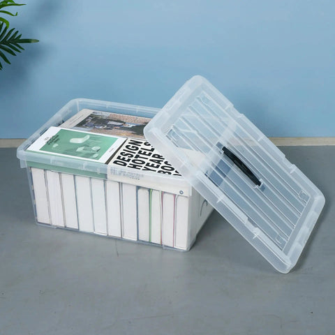 Clear stackable container showing papers, part of Two Pack 40 Gallon Heavy Duty Storage Bins With Smooth Rolling Wheels And Clinch Tight Lids.