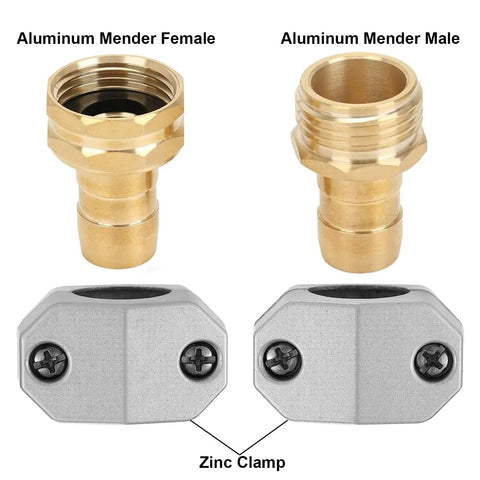 Aluminum mender male and female connectors with zinc clamp for Garden Hose Repair Kit With Quick Connectors No Fuss All Metal Aluminum Mender Fittings Zinc Clamp System For Five Eighth Inch And Three Quarter Inch Hoses Includes Three Male And Three Female Connectors Six Clamps And Six Gaskets.