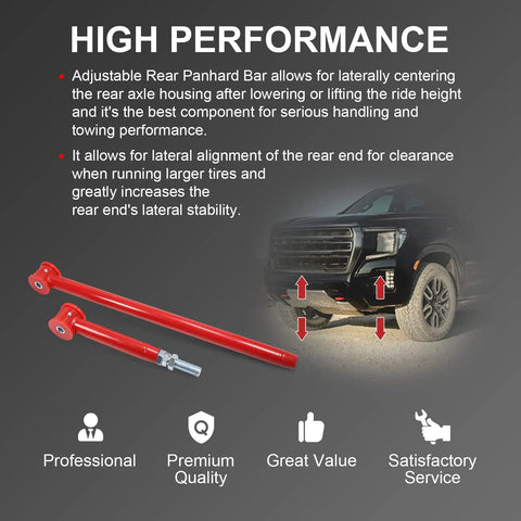 Adjustable Rear Panhard Track Bar With Polyurethane Bushings For 2000-2020 Chevy Suburban 1500/2500 Tahoe Avalanche GMC Yukon SUV Suspension Upgrade For Smoother Handling And Enhanced Steering Control, red