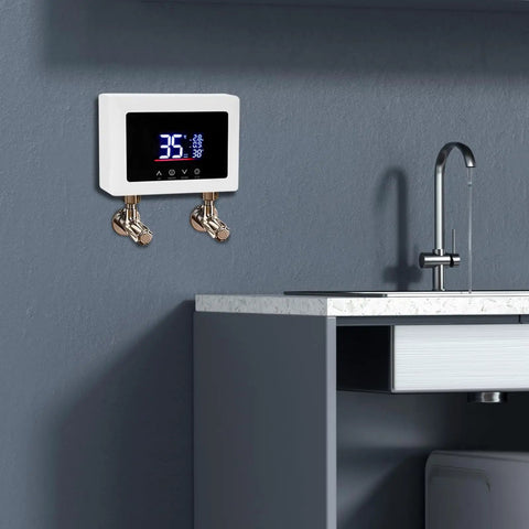 Instant Electric Water Heater 3000W On Demand Tankless Digital Temperature Control mounted on kitchen wall with faucet.
