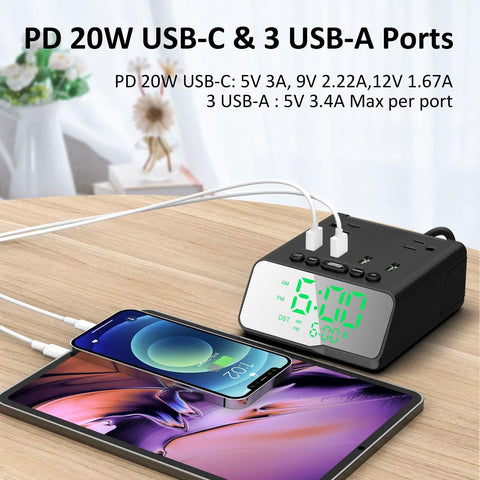 Alarm Clock Charging Station With USB Ports And 2 Outlets 6 Foot Power Cord USB C Port Bedside Nightstand Dock for Home Hotel Dorm
