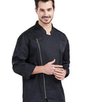 Professional Black Long Sleeve Chef Jacket With Rugged Zipper Closure And Ultra Breathable Kitchen Cook Uniform worn by smiling man.