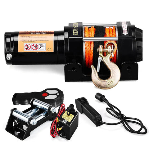 4500lb Electric Winch With Synthetic Rope For Off Road Recovery 12V DC Motor With Serious Torque 185 To 1 Gear Ratio Three Stage Planetary Drive Auto Braking For Power Outages 41.3 Ft Rope, front view with hook and wired remote