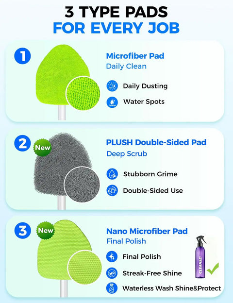 Extendable Interior Windshield Cleaner Tool With Four Plush Microfiber Pads For Streak Free Car And Home Window Detailing That Pulls Double Duty Without Any Sweat, showcasing three pad types.
