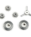 Bevel Gear Set 51008 For TT01 TGS M05 Mini M06 Mini RC Cars Silver Upgrade Kit components arranged on white background