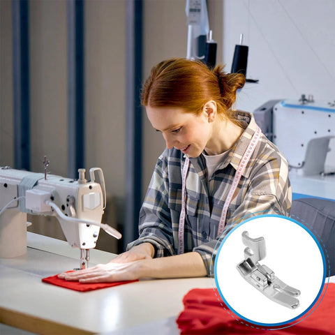 FIKLOTA 10mm low-shank straight-stitch presser foot shown in circular inset beside sewing machine.