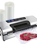 Potane precision vacuum sealer with built-in cutter; stainless steel, compact kitchen appliance with 2 bag rolls.