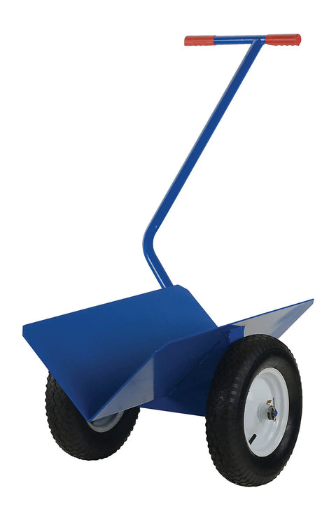 Workhorse V Groove Pipe Mover With Heavy Duty Pneumatic Wheels Built Tough For Zero Sweat Moving Of Massive Steel Pipes Anywhere On Your Next Big Project, blue design with large tires.