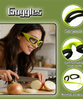Tear Free Onion Goggles For Kitchen Cooking And Pepper Chopping With Anti Fog Lenses And Ultra Light Frame For Zero Cry Time Kitchen Work And Crystal Clear Vision Protection Gear Green worn by a woman chopping onions.