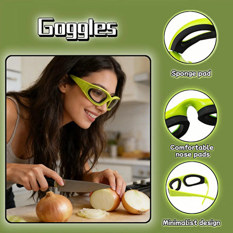 Tear Free Onion Goggles For Kitchen Cooking And Pepper Chopping With Anti Fog Lenses And Ultra Light Frame For Zero Cry Time Kitchen Work And Crystal Clear Vision Protection Gear Green worn by a woman chopping onions.