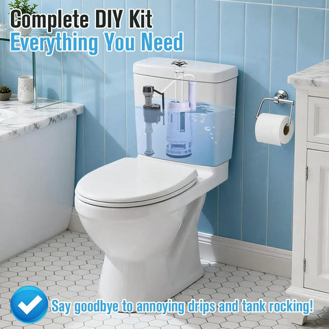 Universal 3 Inch Dual Flush Valve And Fill Valve Replacement Kit For 2 Piece Toilets installed in bathroom setting.