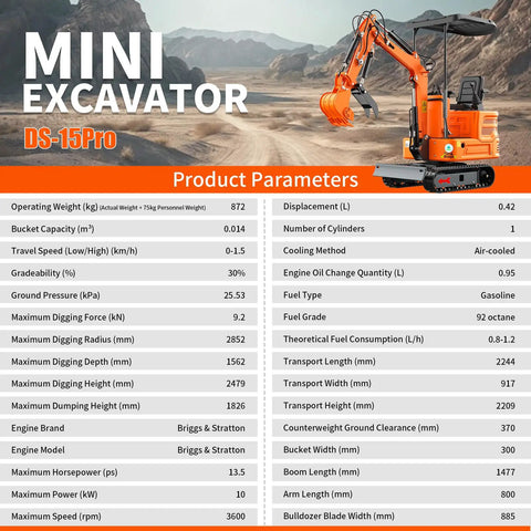 Infographic of orange 1.2-Ton Mini Excavator with Briggs & Stratton engine detailing specifications and features on rugged background