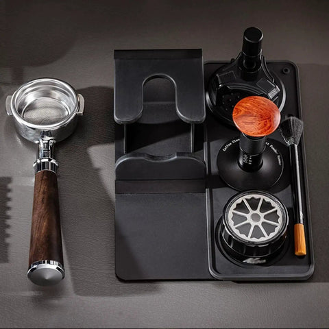 Daily Driver Barista Coffee Accessories Set Featuring Calibrated Spring Tamper Stirring Needle And Distribution Tool For Truly Smooth Espresso Pulls At Home with wooden handle and stainless steel portafilter.