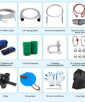 Backyard Zip Line Kit For Kids And Adults, 200 Feet, Supports Up To 400 Lbs, components include cable, trolley, safety belt, and gloves