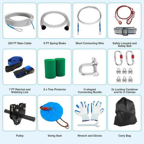 Backyard Zip Line Kit For Kids And Adults, 200 Feet, Supports Up To 400 Lbs, components include cable, trolley, safety belt, and gloves