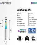 Front view of Aoranto UO13415 3/16 in O-flute up-cut router bit, 1/4 in shank, 5/8 in cutting height, 2 in length