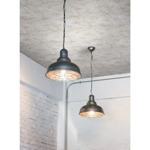 White Tin Tile Metallic Peel And Stick Wallpaper on ceiling with two industrial pendant lights in modern room