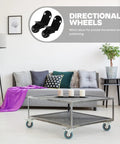 Zero Fuss One Point Five Inch Silent Swivel Casters For Furniture Cabinets And Drawers Featuring Snug Side Mount Brackets And Ridiculously Quiet Rubber Treads used on a metallic cart in a living room.