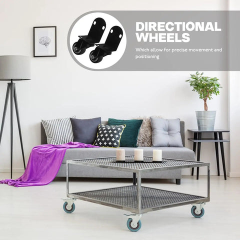 Zero Fuss One Point Five Inch Silent Swivel Casters For Furniture Cabinets And Drawers Featuring Snug Side Mount Brackets And Ridiculously Quiet Rubber Treads used on a metallic cart in a living room.