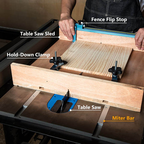 Woodworker using Crosscut Sled and Miter Bar Set for Table Saws, 2 Pack, 3/4 Inch by 3/8 Inch by 24 Inch with predrilled holes and screws