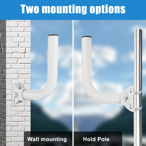 Universal Wireless Bridge Bracket Mount 2 Pack Pole And Wall Mount For Outdoor Antenna shown with wall and pole mounting options.