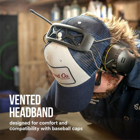 Person wearing WorkTunes Connect Wireless Hearing Protector With Bluetooth Technology And AM FM Radio 26 Decibels NRR with hat