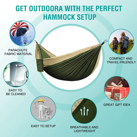 Portable Campin Hammock For Single Or Double Use, 210D Nylon Swing With Tree Straps illustration and features