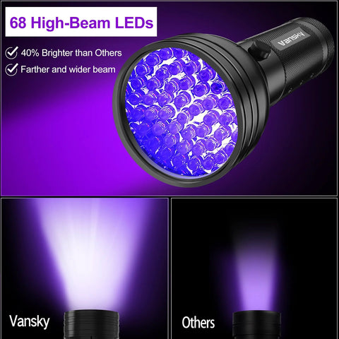 Vansky 68-LED automotive AC leak detector flashlight with purple UV beam.