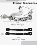Rugged Western Cowboy Spurs With Belts For Men Stainless steel spurs with engraved pattern and adjustable leather straps, dimensions shown.