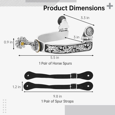 Rugged Western Cowboy Spurs With Belts For Men Stainless steel spurs with engraved pattern and adjustable leather straps, dimensions shown.