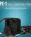Compact Submersible Pump Epoxy Encapsulated Direct Drive 115 Volt 0.008 HP 170 GPH With 6 Ft Cord shown with plug and label
