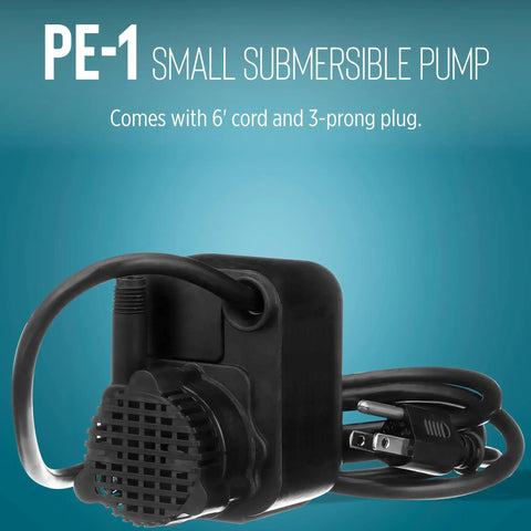 Compact Submersible Pump Epoxy Encapsulated Direct Drive 115 Volt 0.008 HP 170 GPH With 6 Ft Cord shown with plug and label