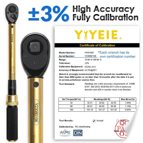 Half Inch Drive Torque Wrench - 10-160 Ft-Lb (10-227 Nm), 72-Tooth Professional Click Torque Wrench Set with calibration certificate