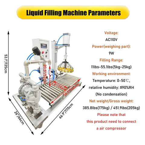 Efficient Heavy Duty Semi Automatic Liquid Filling Machine For Paint And Water With Digital Scale Weighing Hassle Free Cap Sealer 3 In 1 Plug And Play 110V Bucket System parameters diagram.