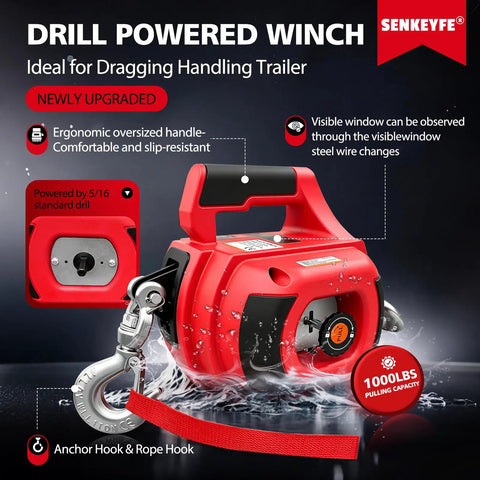Beefy Drill Powered Portable Winch 1000 Lbs With 40 Foot Alloy Steel Wire Rope For Vehicle Recovery And Trailer Dragging Handheld Drill Winch For Easy Off Road Pulls, red drill-powered winch with hook