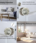 Crystal Privacy Glass Door Knobs With Locking Mechanism In Silver Vintage Style Interior Door Handles For Bedroom And Bath No Fuss Privacy Turn Lock For Quick Lock And Unlock Modern Indoor Door Hardware Set installed on white door, showcasing privacy and emergency release functions.