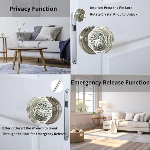 Crystal Privacy Glass Door Knobs With Locking Mechanism In Silver Vintage Style Interior Door Handles For Bedroom And Bath No Fuss Privacy Turn Lock For Quick Lock And Unlock Modern Indoor Door Hardware Set installed on white door, showcasing privacy and emergency release functions.