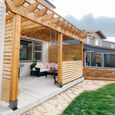 Backyard deck with wooden pergola using Heavy Duty 4x4 Post Base Brackets Black Powder Coated 14 Gauge Steel 8 Pack