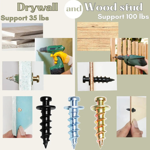 Image showing Double Headed Claw Hanger Screws For Picture Frames And Mirrors Gold Finish Beefy Grip in use on drywall and wood stud.