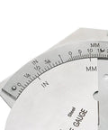 Close-up of stainless steel Taper Composition Gauge For Depth And Diameter Measurement In Tight Gaps with imperial and metric scales.