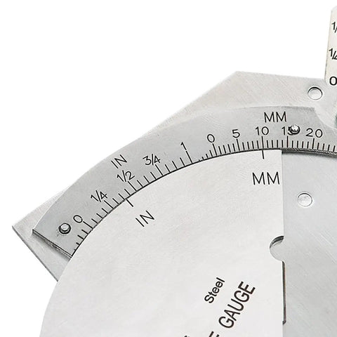 Close-up of stainless steel Taper Composition Gauge For Depth And Diameter Measurement In Tight Gaps with imperial and metric scales.