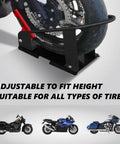 Heavy Duty Steel Motorcycle Wheel Chock With 1800 Lbs Capacity securing a motorcycle front wheel, adjustable height shown.