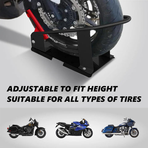 Heavy Duty Steel Motorcycle Wheel Chock With 1800 Lbs Capacity securing a motorcycle front wheel, adjustable height shown.