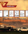 RV trailer parked near mountains with displayed certificates and 'Choose us, Choose Qualified Product' text overlay.