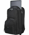 Hustle Hard Laptop Backpack For Up To 17 Inch Machines, Water Repellent Travel Daypack with laptop partially inside.