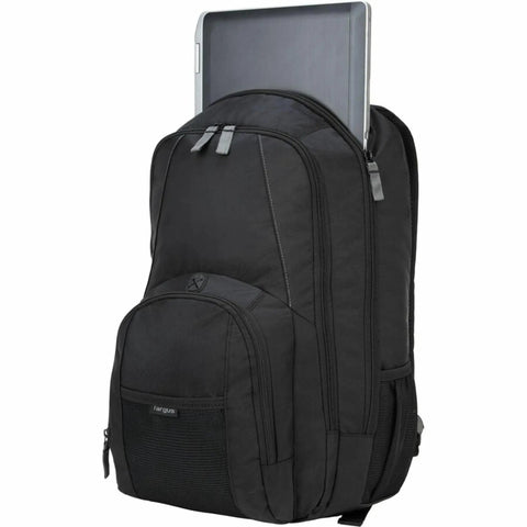 Hustle Hard Laptop Backpack For Up To 17 Inch Machines, Water Repellent Travel Daypack with laptop partially inside.