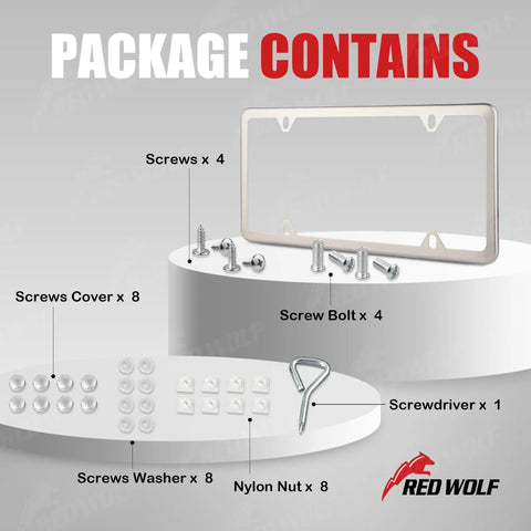 Contents of Stainless Steel License Plate Frame 4 Hole Mirror Polish Silver Tag Cover Kit with screws, nylon nuts, and driver