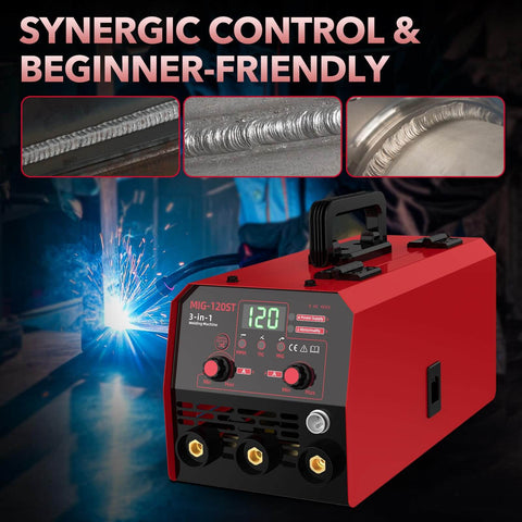 Pro Grade 120 Amp MIG Welder Combo 3 In 1 Gasless Flux Core MIG Lift TIG And Stick Welder For 110V Multiprocess Welding shown